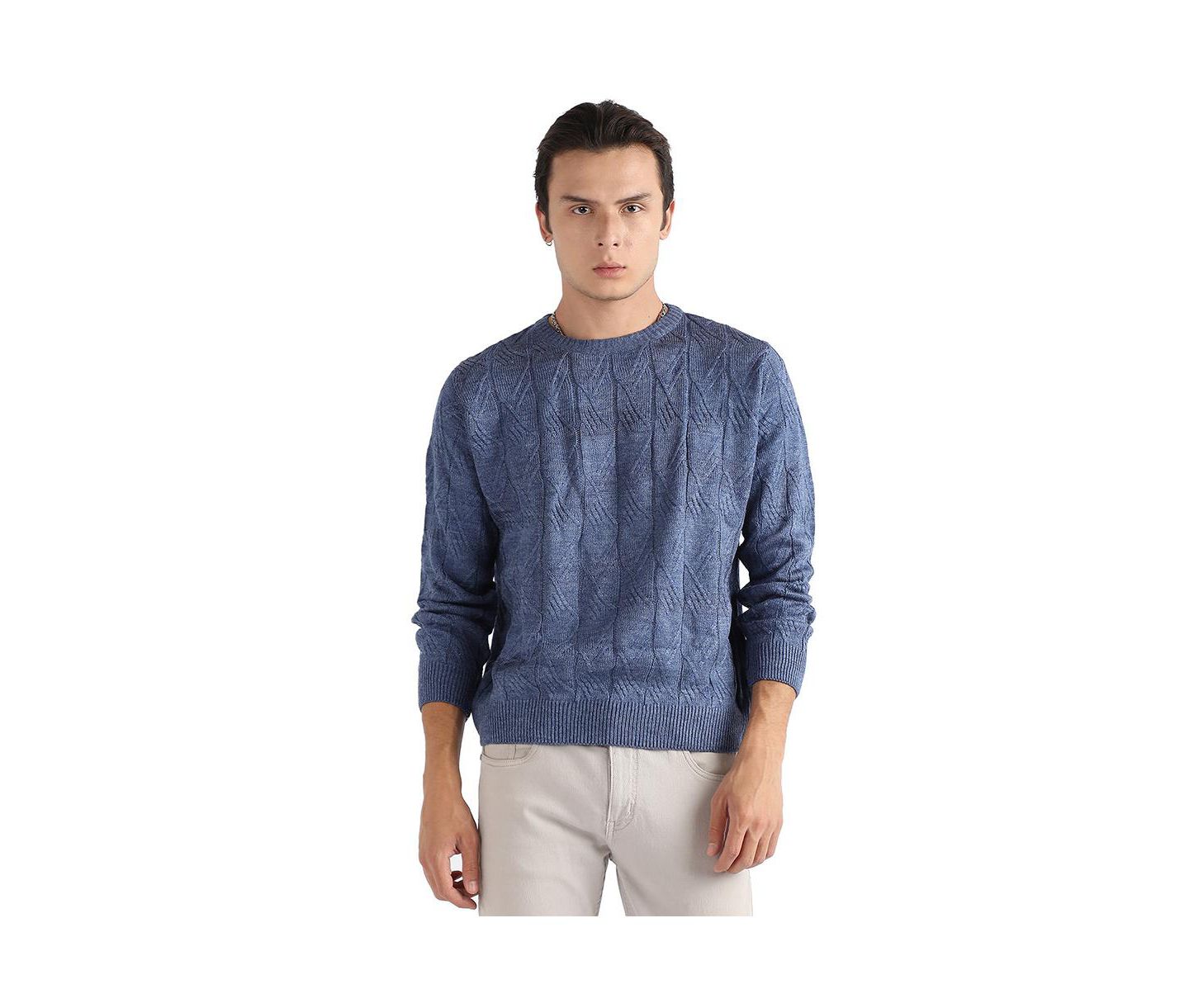 Мужской свитер Campus Sutra Blue Textured Knit Pullover, цвет: Синий — фото 1