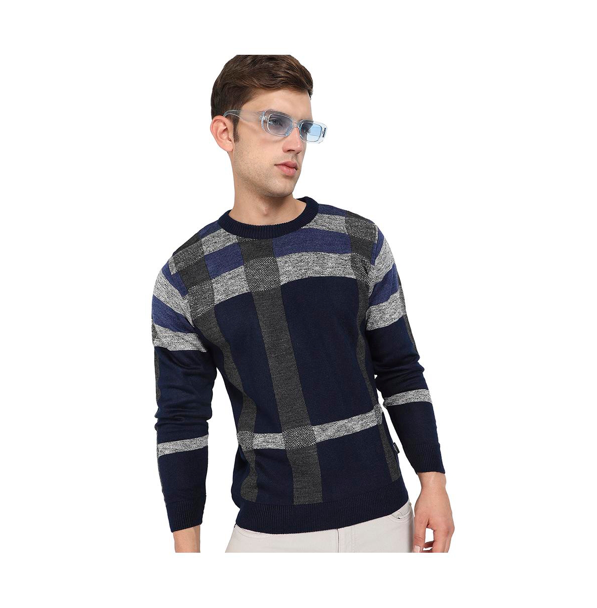 Men's Blue & Grey Heathered Contrast Panel Pullover Sweater - Multicolor