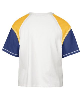 Women's Cream Distressed Golden State Warriors Premier Raglan Cropped T-shirt