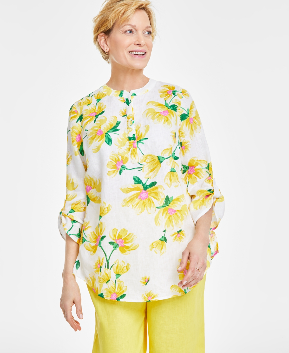 Women's 100% Linen Floral-Print Woven Tab-Sleeve Tunic, Created for Macy's - Bright White Combo