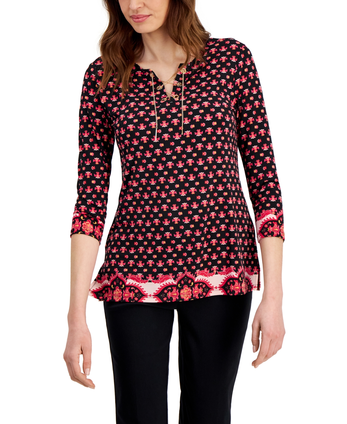 Shop Jm Collection Women's Chain Lace-up Border-print Tunic, Created For Macy's In Deep Black Combo