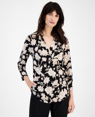 JM Collection - Women's Floral-Print 3/4-Sleeve V-Neck Top