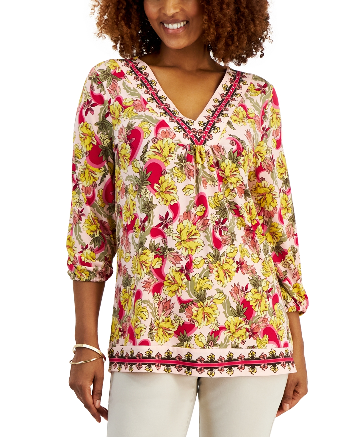 Petite Floral V Neck 3/4-Sleeve Top, Created for Macy's - Rose Tint Combo