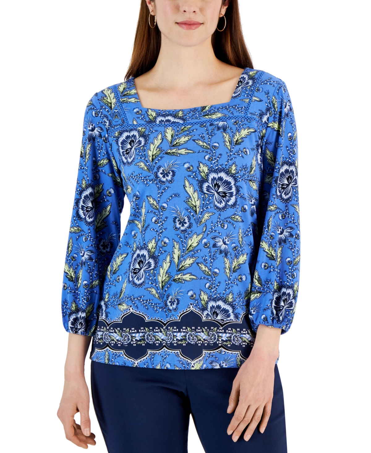 Women's Printed 3/4 Sleeve Square-Neck Top, Created for Macy's - Watery Blue Combo