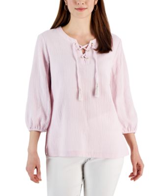 JM Collection - Women's Cotton Gauze Tasseled Lace-Up Top
