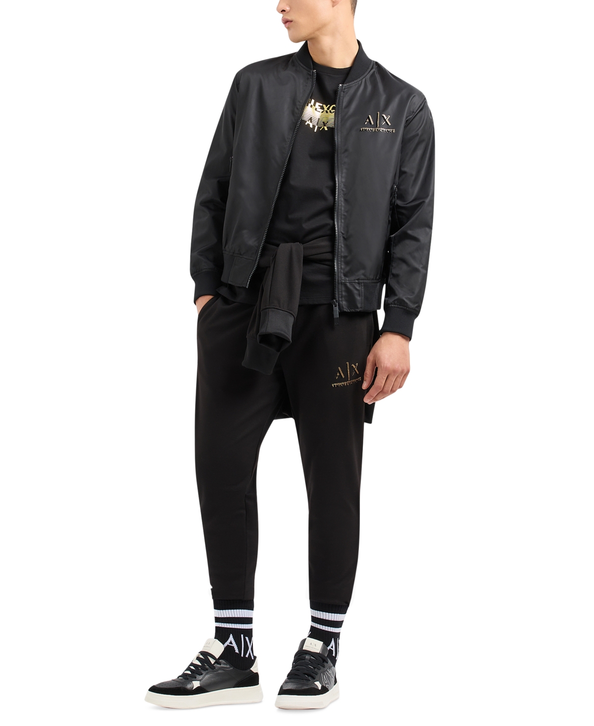 A|X Armani Exchange Men's Short Sleeve Black and Gold Capsule Rectangle Logo T-Shirt