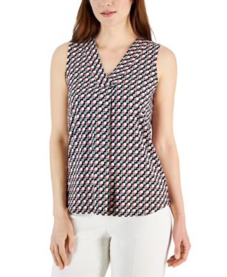 Anne Klein - Women's Pleated-Neck Printed Sleeveless Top