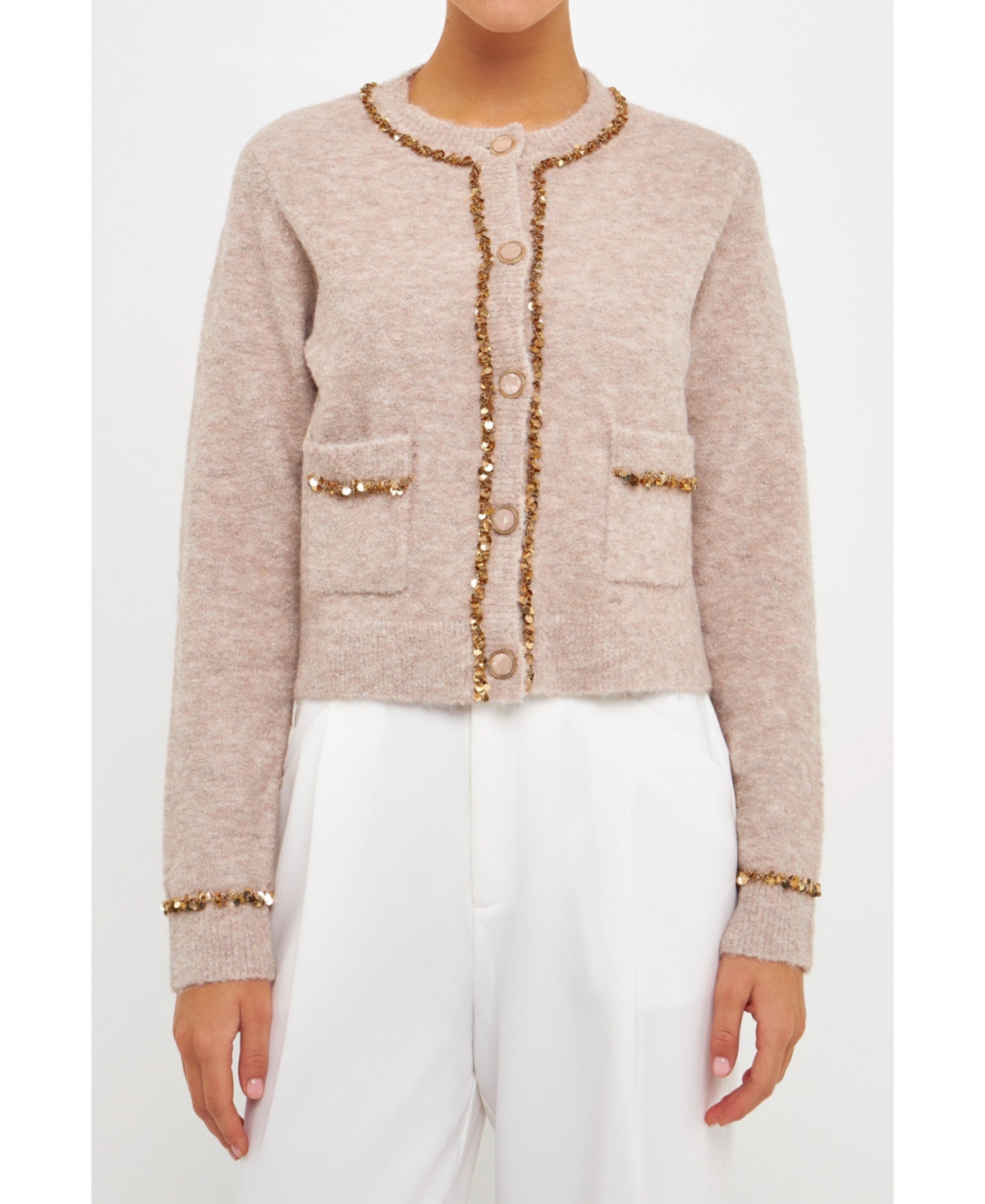 Women's Sequins Trim Cardigan - Taupe