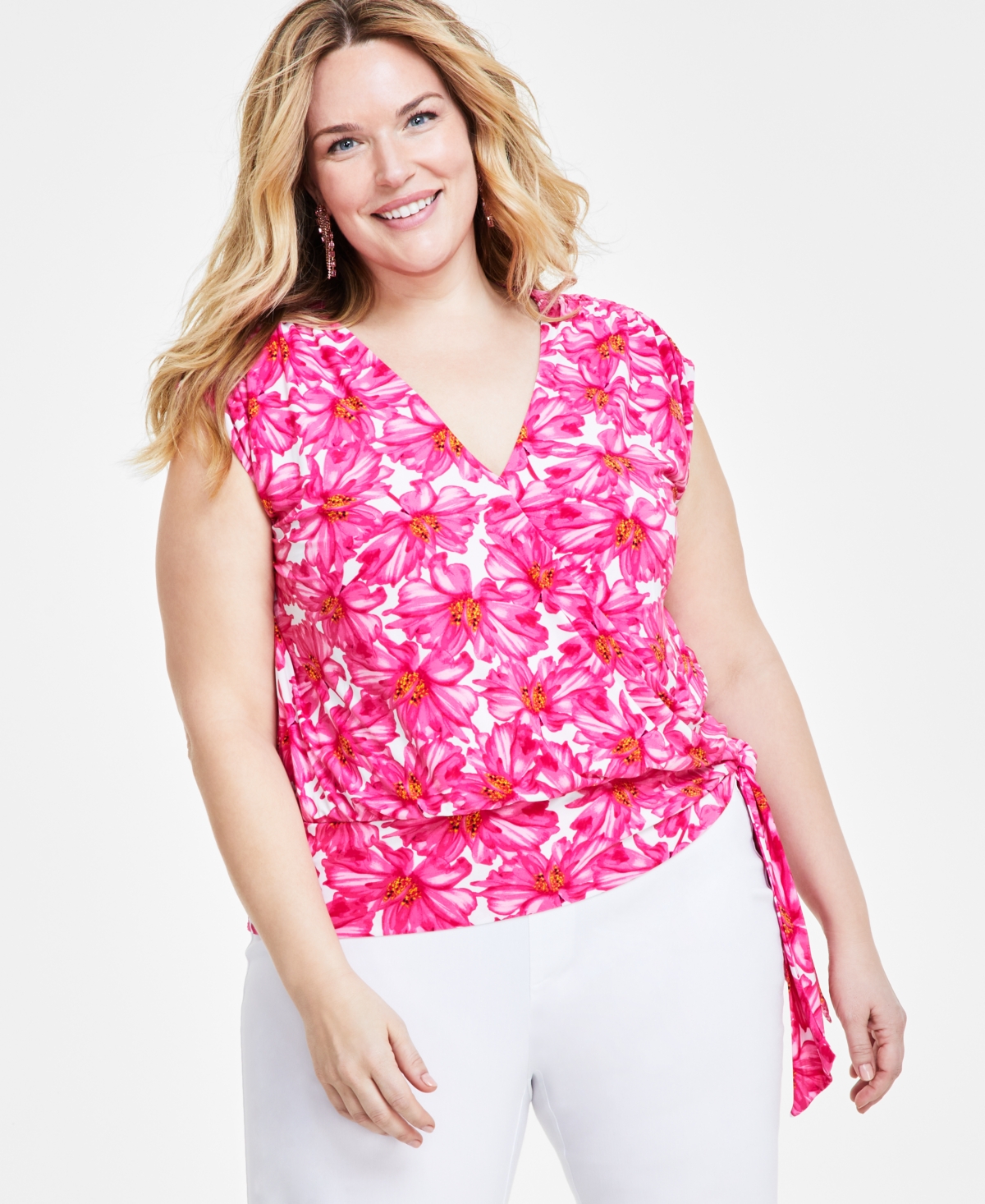 Plus Size Floral-Print Side-Tie Top, Created for Macy's - Keeley Blooms