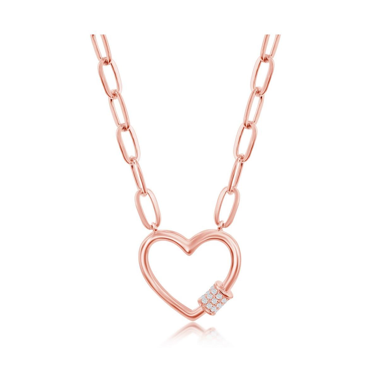 Sterling Silver Gold or Rose Gold Plated over sterling silver Cz Heart Carabineer Paperclip Necklace - Pink