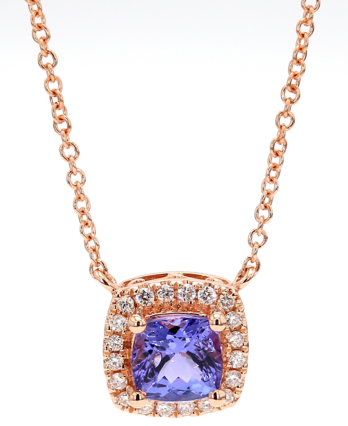Macy's Tanzanite (1-1/4 Ct. T.w.) & Cushion Diamond (1/6 Ct. T.w.) Pendant Necklace In 14k Rose Gold, 18"