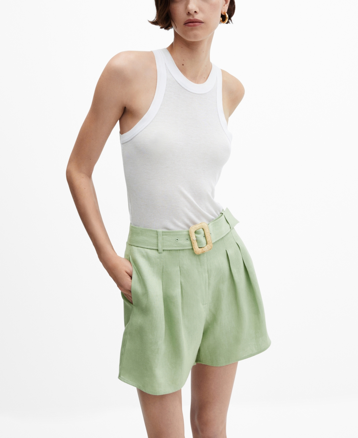 Mango Women's Belted Linen Shorts In Pastel Green