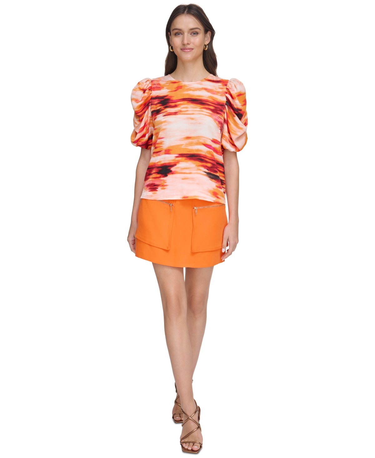 Dkny Women's Printed Puff-sleeve Top In Orange Blossom Multi