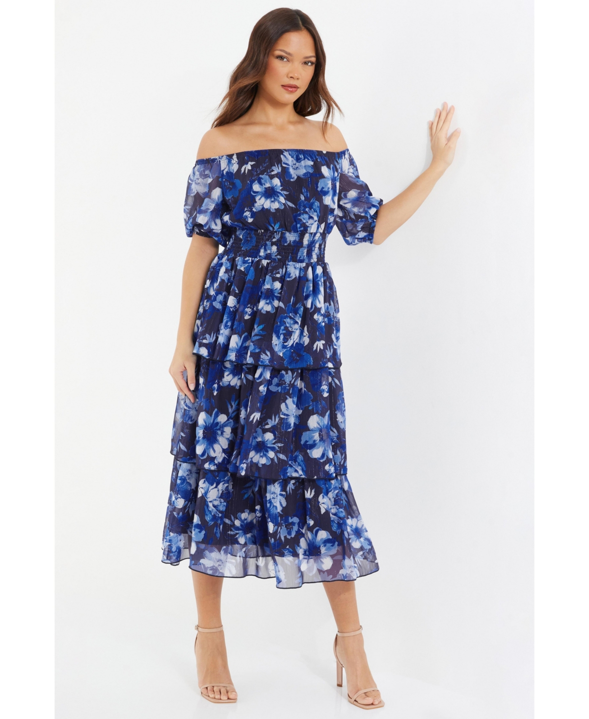 Quiz Women's Chiffon Floral Bardot Tiered Midi Dress