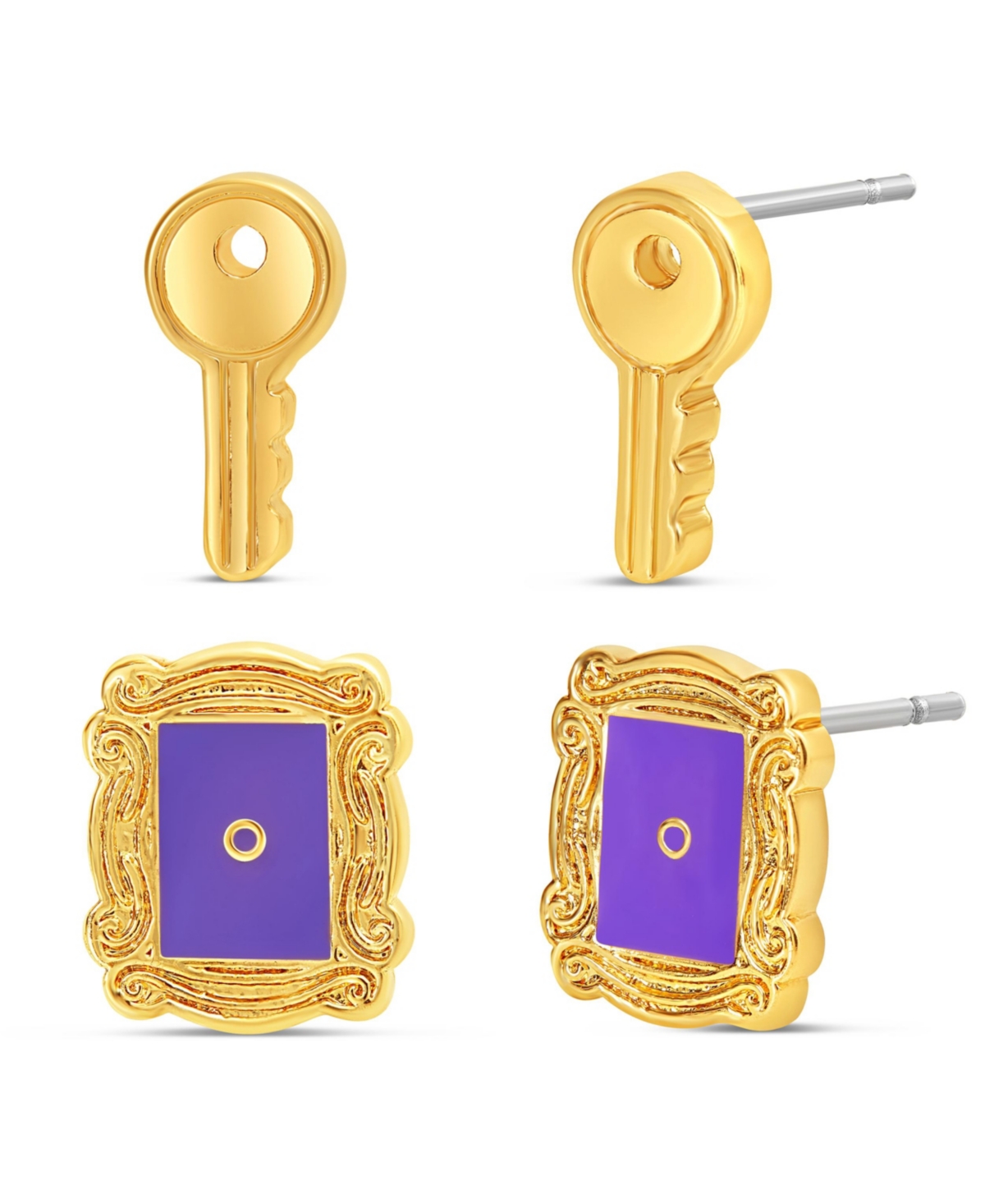 Tv Show Faison Stud Earring Set - Peephole Frame and Key - 2 Pairs - Gold tone, yellow, purple