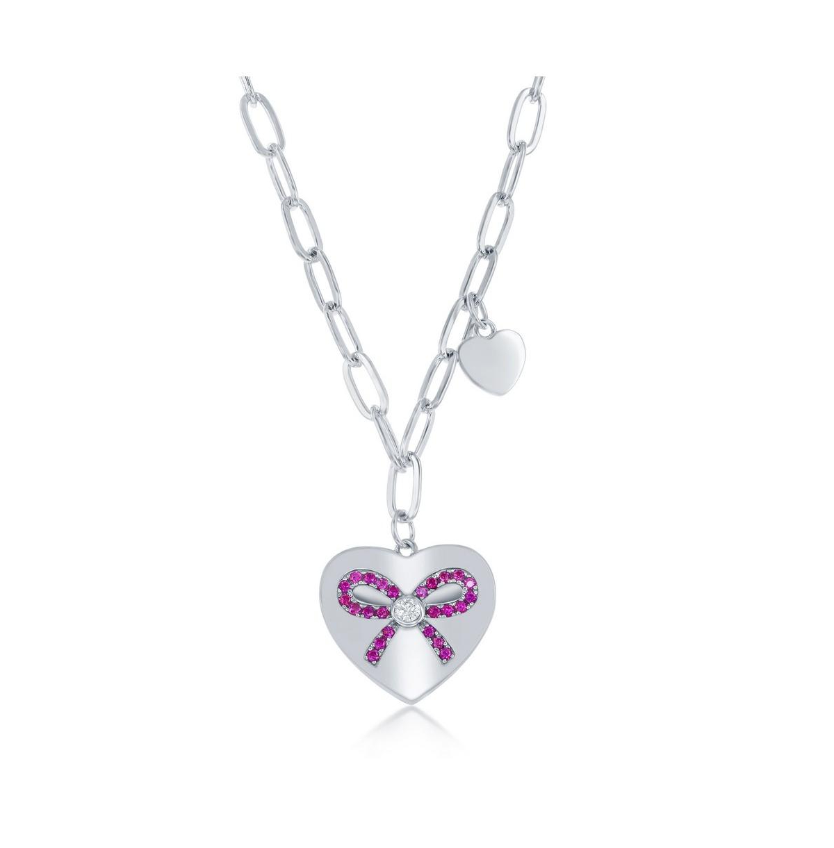 Sterling Silver Heart with Ruby Cz Ribbon Paperclip Necklace - Silver