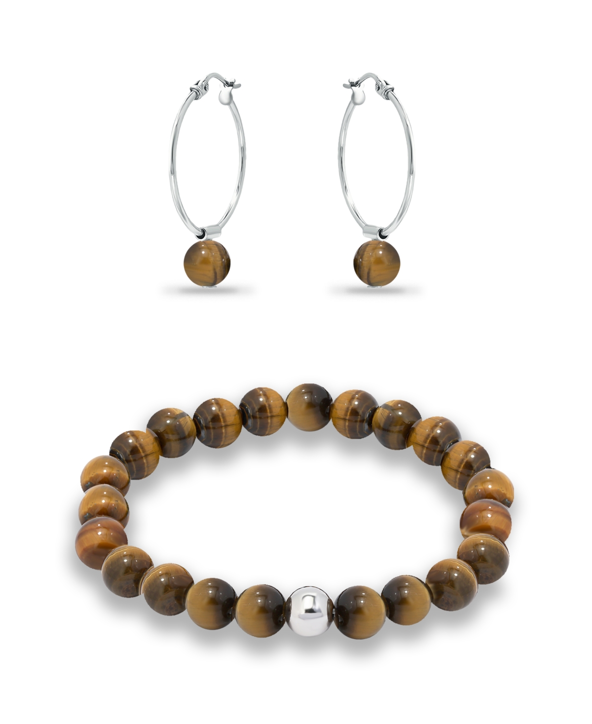 Macy's Silver Plated Multi Genuine Stone Bracelet And Earring, 2 Piece Set In Tigers Eye