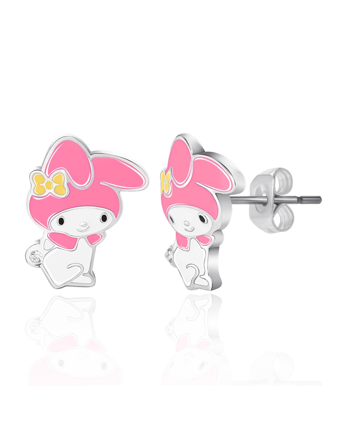 Sanrio Hello Kitty My Melody Brass Flash Plated Enamel and Crystal Stud Earrings - Pink, white