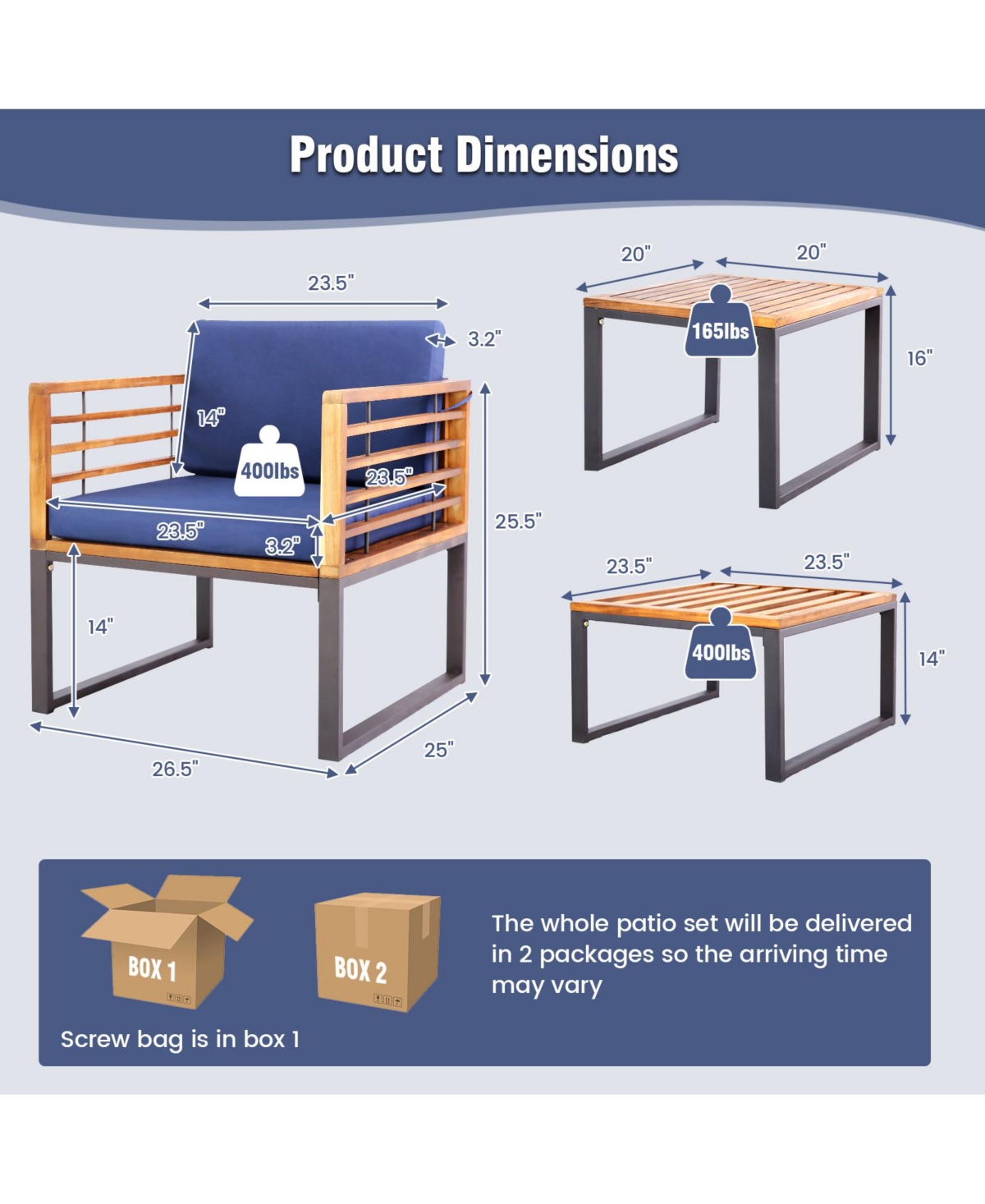 5 Piece Patio Acacia Wood Chair Set with Ottomans and Coffee Table-Navy