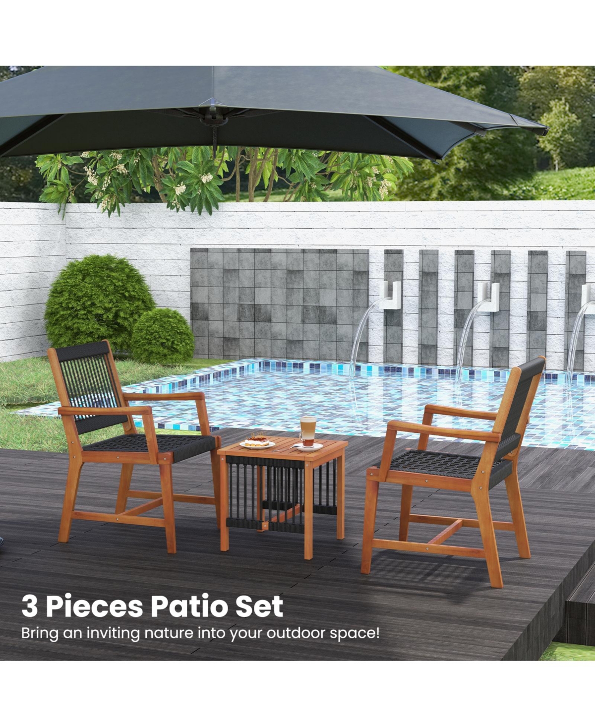 3 Pieces Acacia Wood Patio Furniture Set with Armchairs Coffee Table