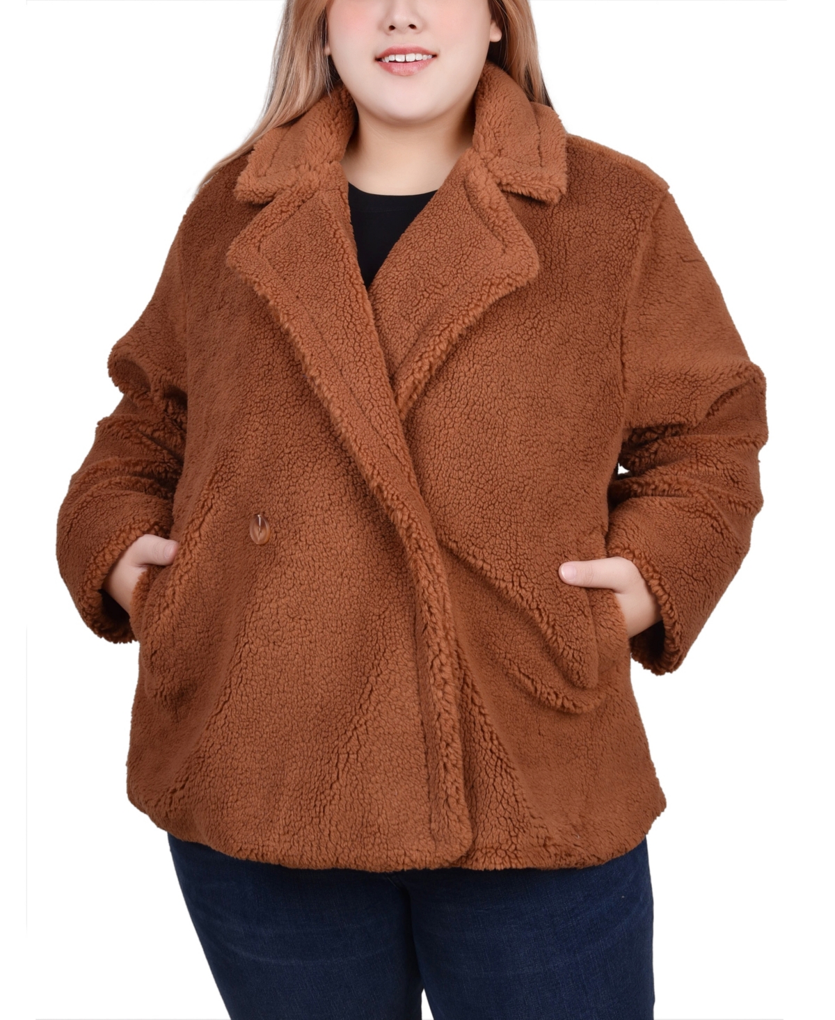 Plus Size Long Sleeve Double Breasted Sherpa Jacket - Eggnog