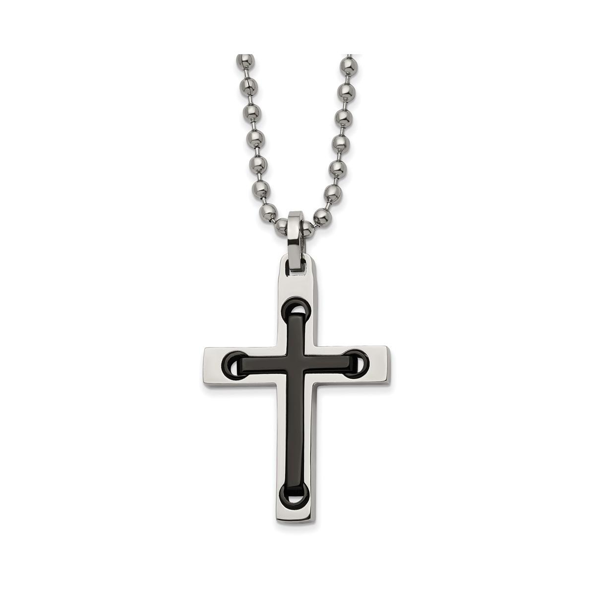 Black Ip-plated Center Cross Pendant Ball Chain Necklace - Black