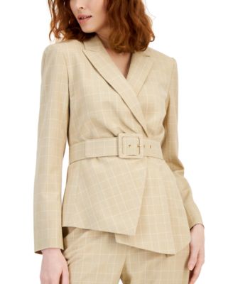 Women's Asymmetrical-Hem Windowpane Belted Blazer