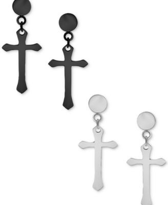 2-Pc. Set Men's Cross Chain Drop Earrings in Stainless Steel & Black Ion-Plated Stainless Steel