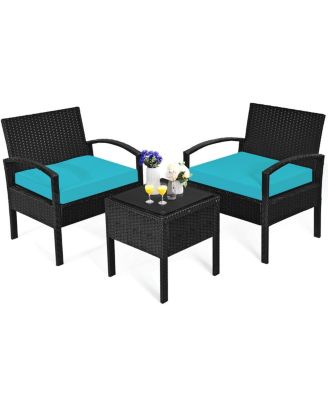 3 Piece Outdoor Rattan Patio Conversation Set with Cushioned Seating