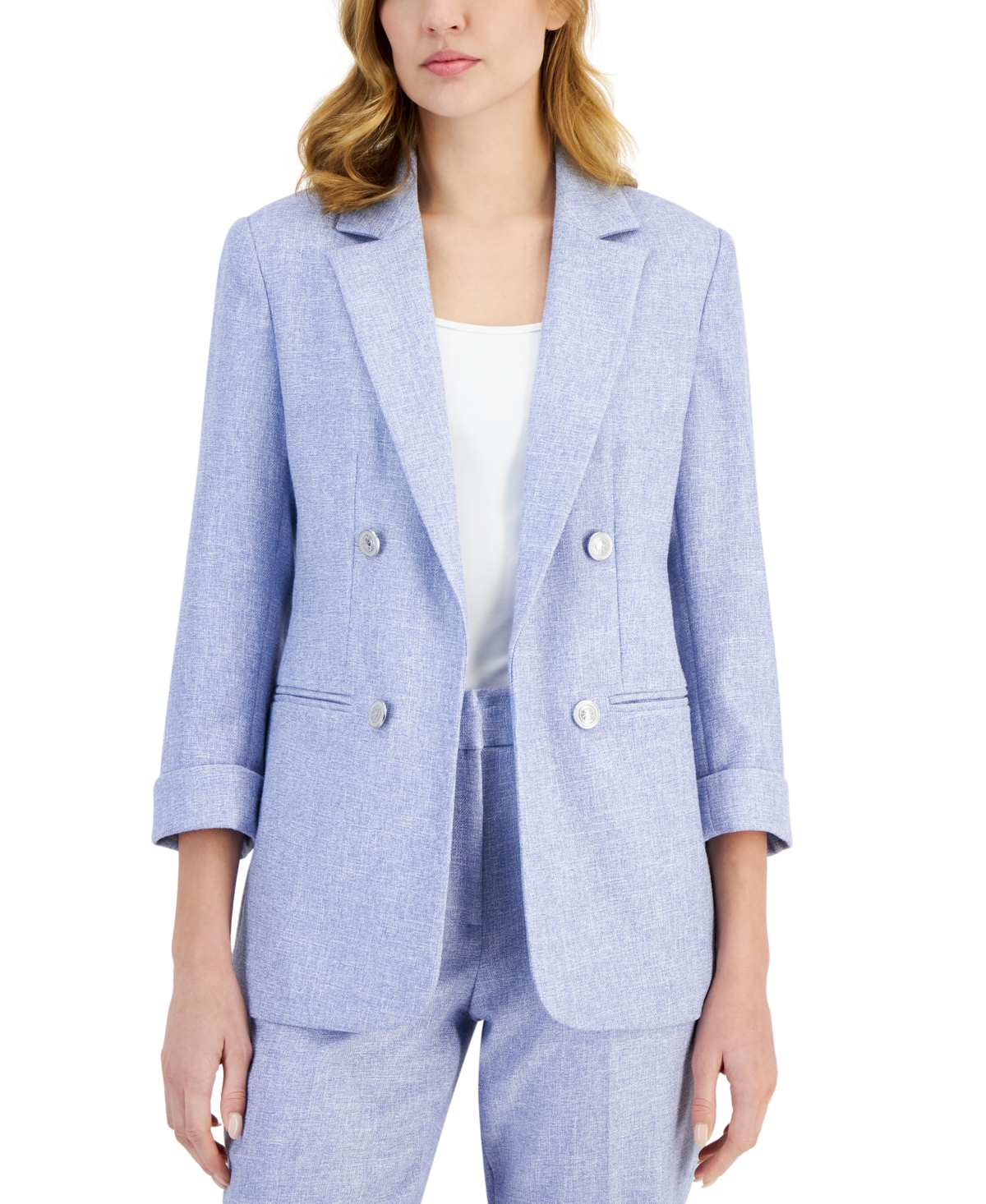 Women's 3/4-Rolled-Sleeve Notched-Collar Open-Front Blazer - Water Garden Blue