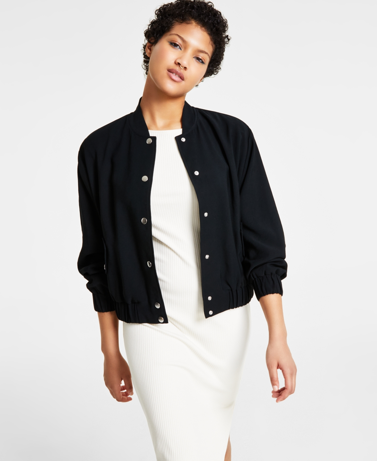 Petite Snap-Front Long-Sleeve Bomber Jacket, Created for Macy's - Deep Black
