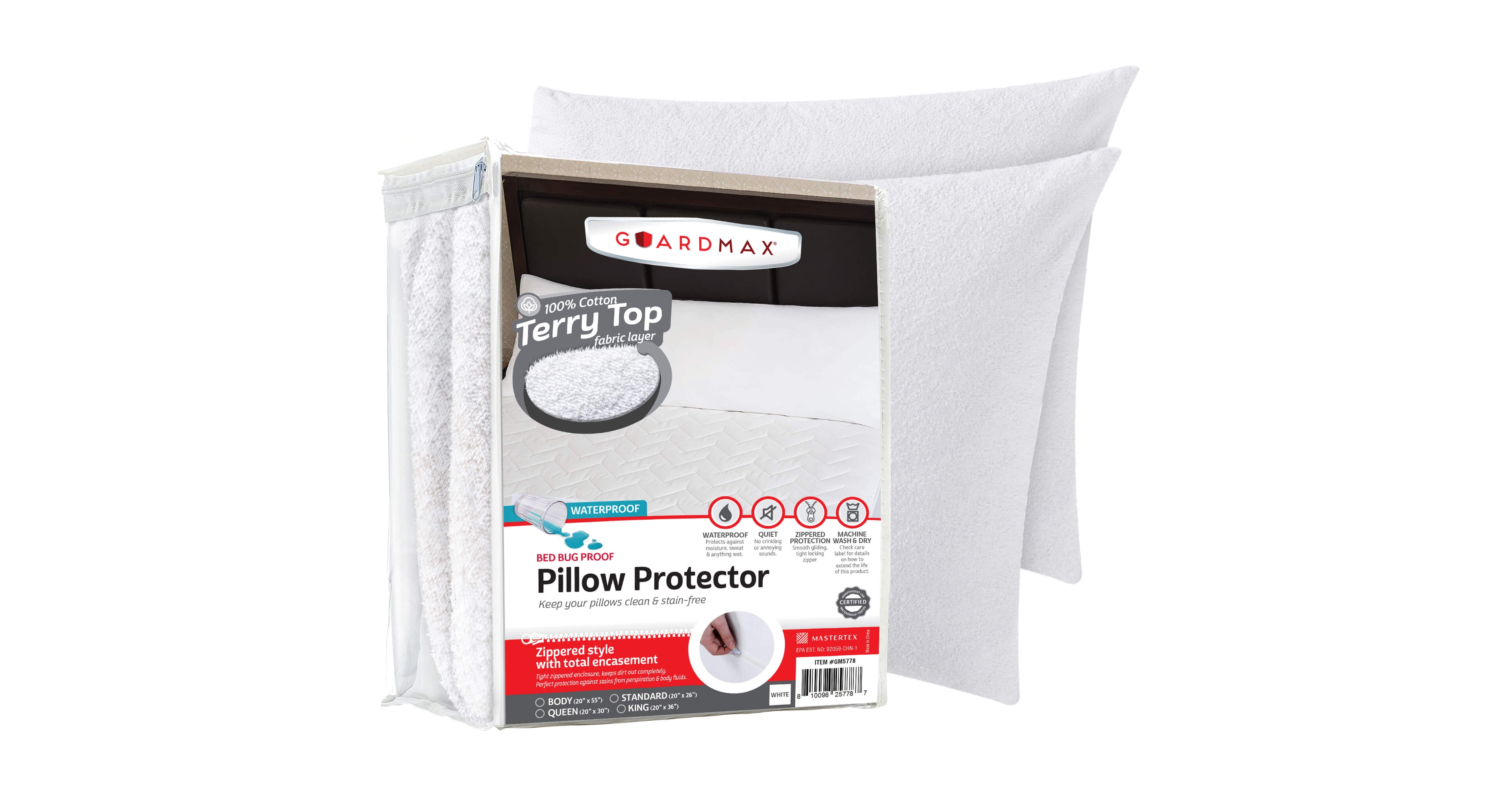 Guardmax King Size Terry Cotton Waterproof Pillow Protector with Zipper - White (4 Pack)