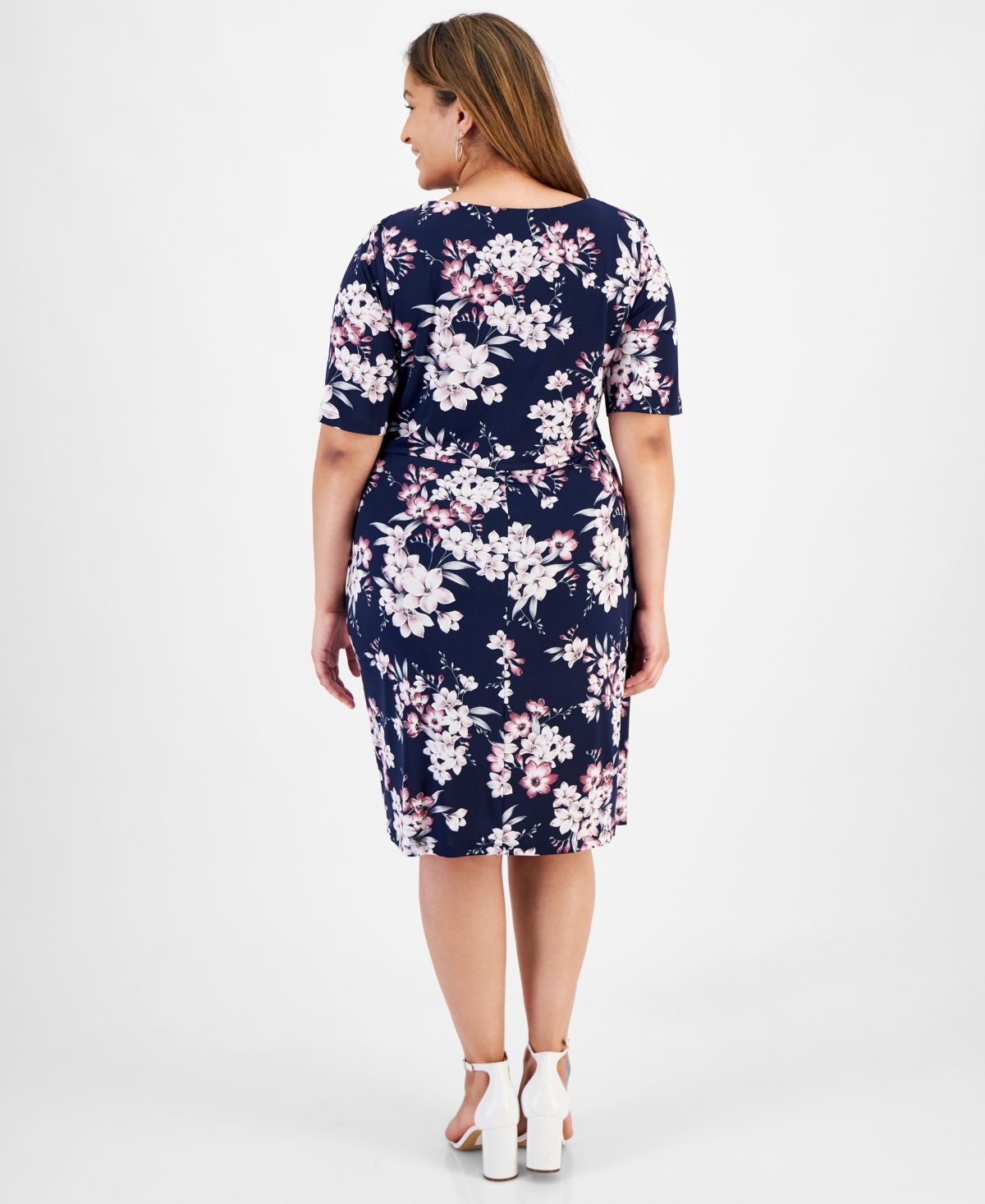 Shop Connected Plus Size Floral-print Faux-wrap Dress In Nvy