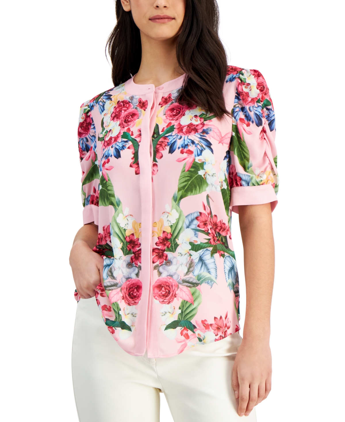 Women's Floral Ruched-Sleeve Top - Placed Rose Print