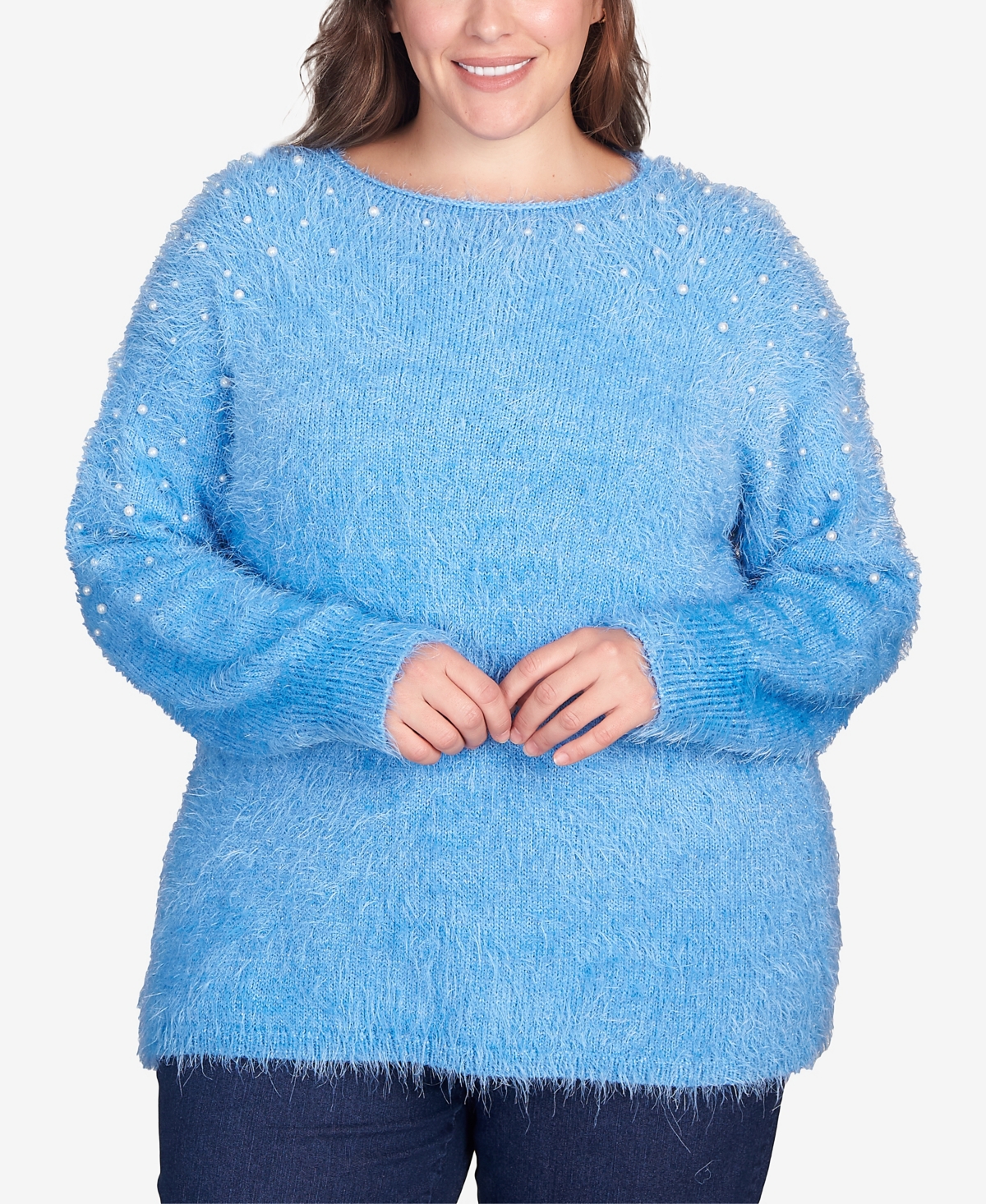 Ruby Rd. Plus Size Imitation Pearl Studded Metallic Eyelash Sweater In French Blue