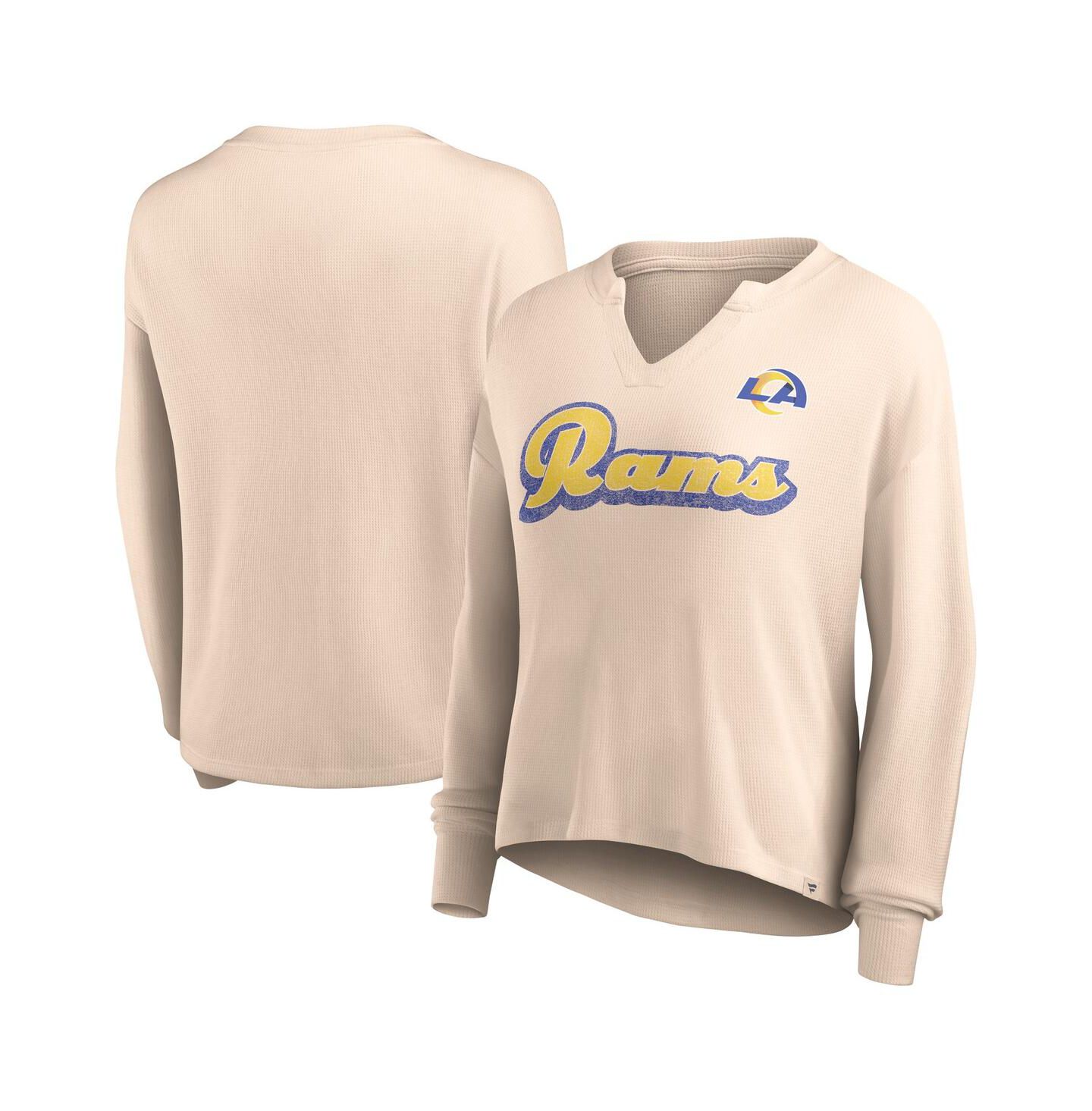 Женская футболка Fanatics Tan Distressed Los Angeles Rams Go For It Notch Neck Waffle Knit Long Sleeve — фото 1