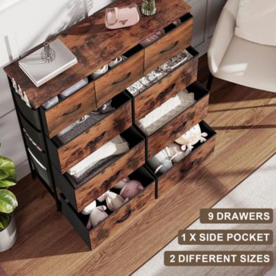9 Drawers Fabric Dresser Chest Closet Storage Organizer with Side Pockets and Hooks for Bedroom