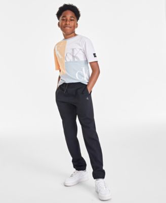 Shop Calvin Klein Big Boys Block Party Short Sleeve Cotton Graphic T Shirt Tech Jogger Pants In Quarry