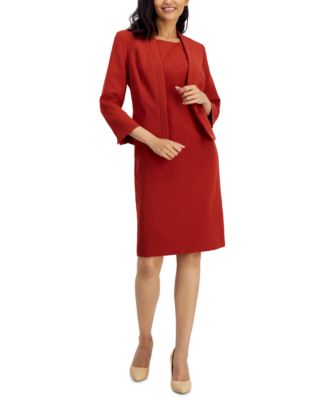 Women's Crepe Open Front Jacket & Crewneck Sheath Dress Suit Set, Regular & Petite