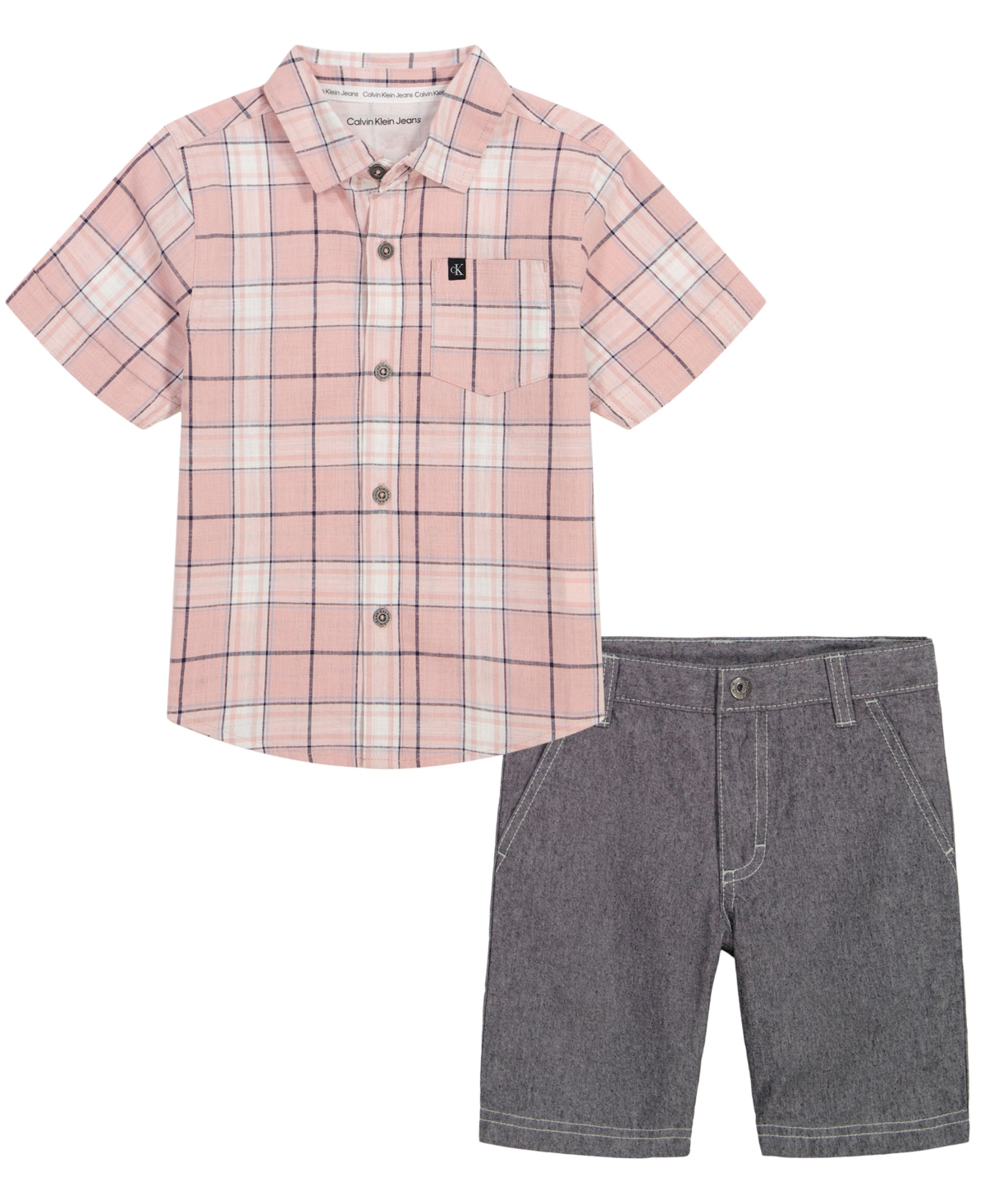 Shop Calvin Klein Toddler Boys Plaid Slub Button-up Short Sleeve Shirt And Twill Shorts, 2 Piece Set In Gray