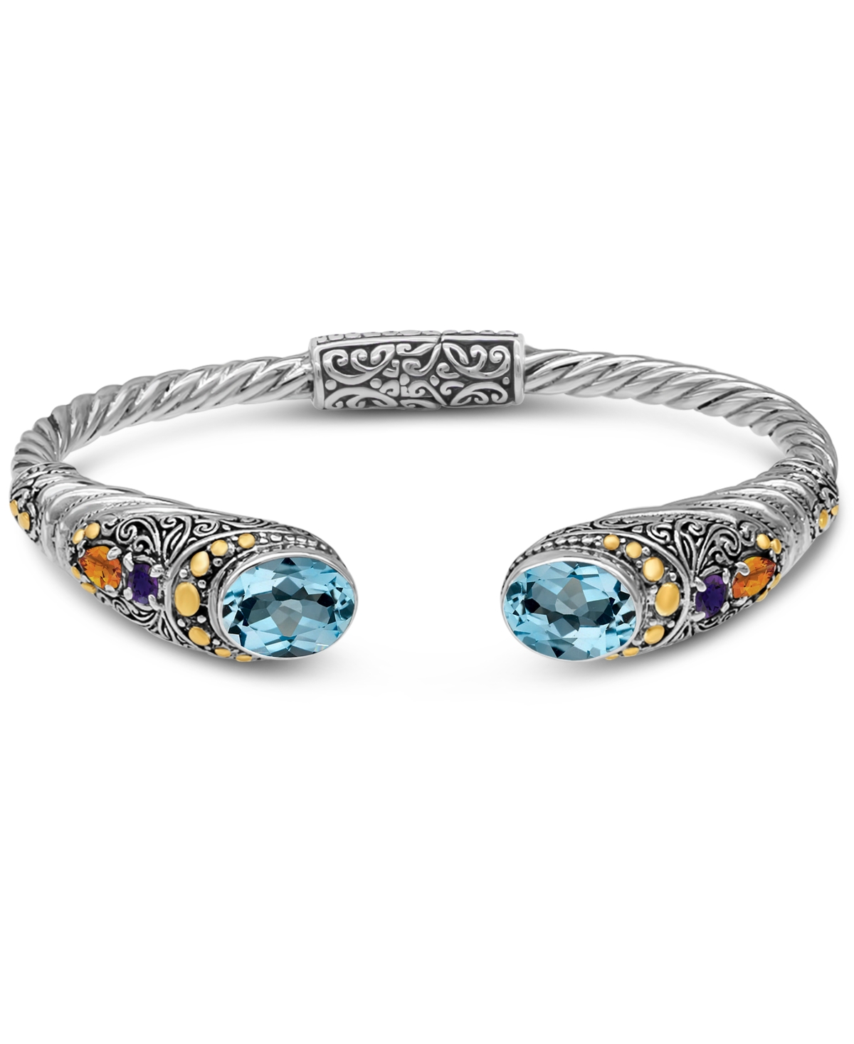 Amethyst, Citrine Bali Filigree Cuff Bracelet in Sterling Silver and 18K Gold - Blue topaz