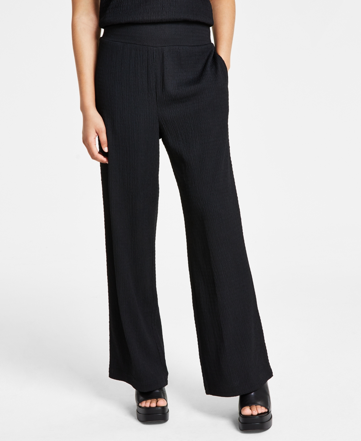 Shop Bar Iii Petite High Rise Textured Wide Leg Pants, Created For Macy's In Deep Black