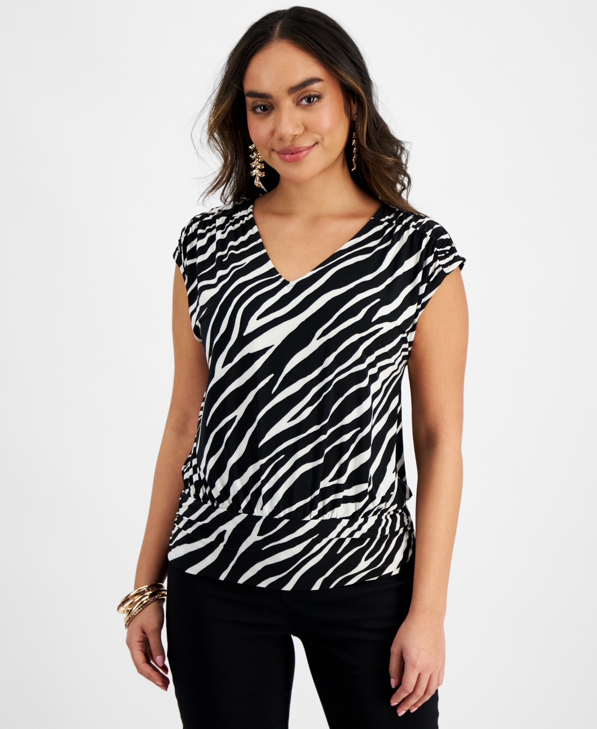 Inc International Concepts Petite Printed Ruched V-neck Top, Created For Macy's In Heather Zebra