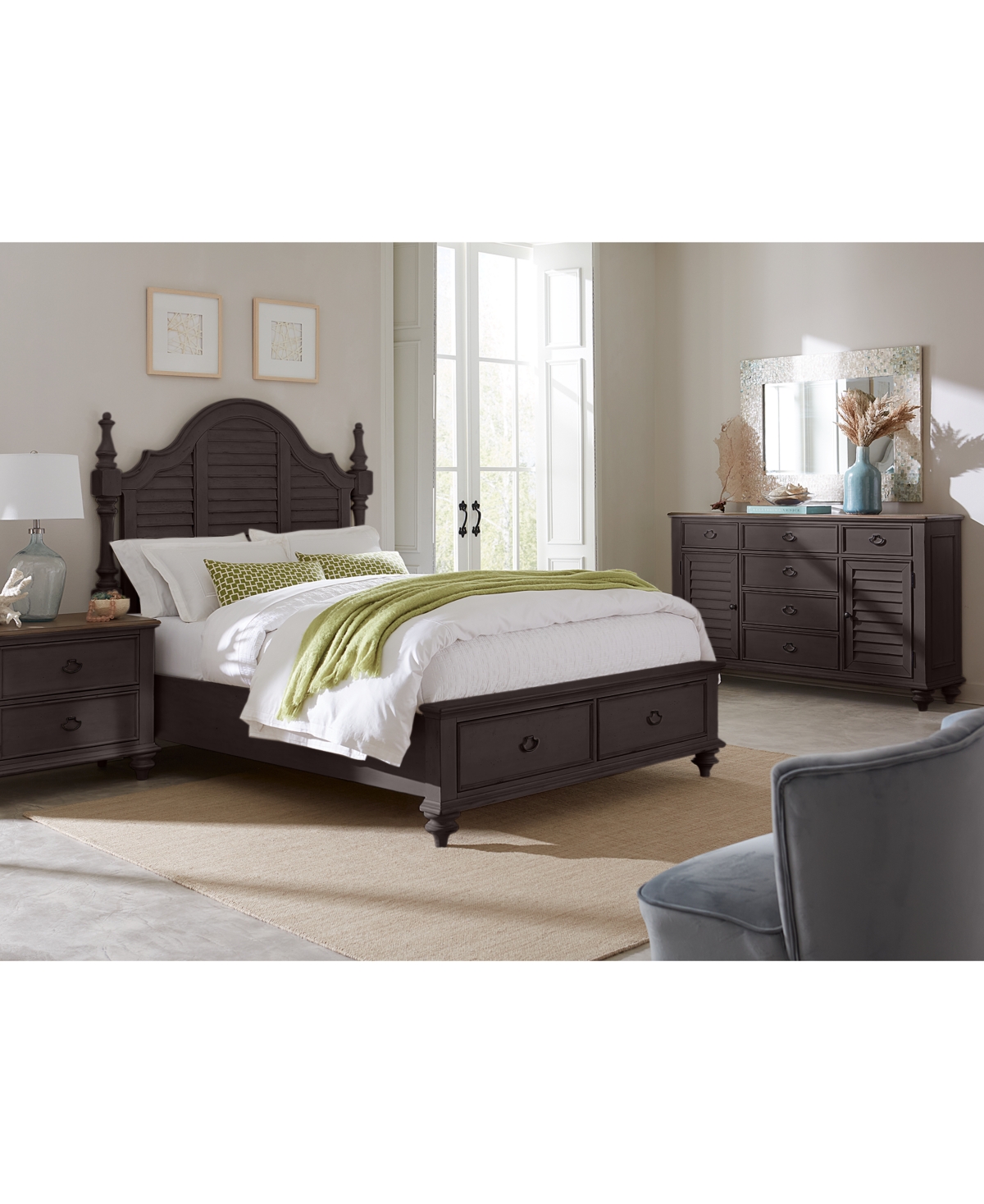 Macy's Mandeville 3pc Bedroom Set (upholstered California King Storage Bed + Drawer Chest + 2-drawer Nights In Brown