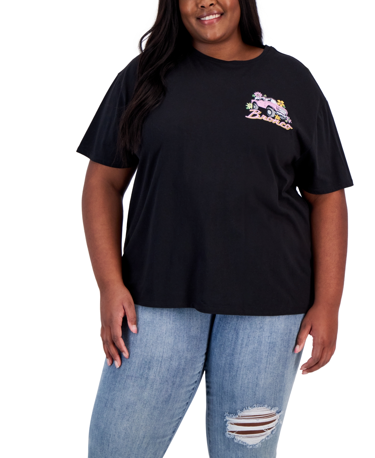 Trendy Plus Size Bronco Back Hit Cotton T-Shirt - Black