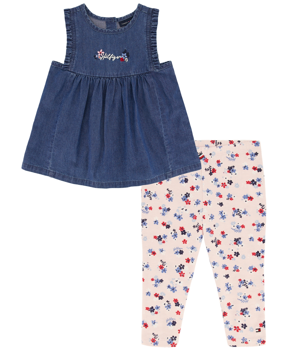 Shop Tommy Hilfiger Toddler Girls Sleeveless Denim Tunic Top And Floral Capri Leggings, 2 Piece Set In Blue