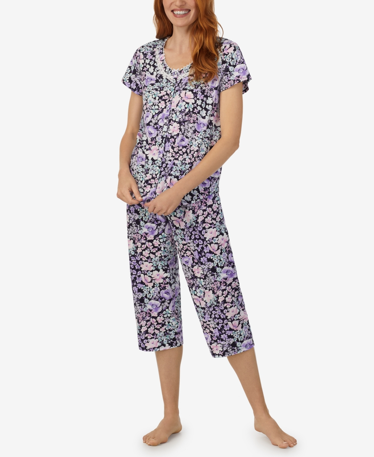 Women's Short Sleeve Top Capri Pants 2-Pc. Pajama Set - Navy Floral Print