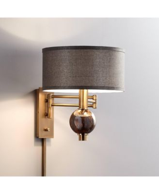 Modern Swing Arm Wall Lamp Painted Polished Brass Plug-In Light Fixture Dark Taupe Drum Shade for Bedroom Living Room