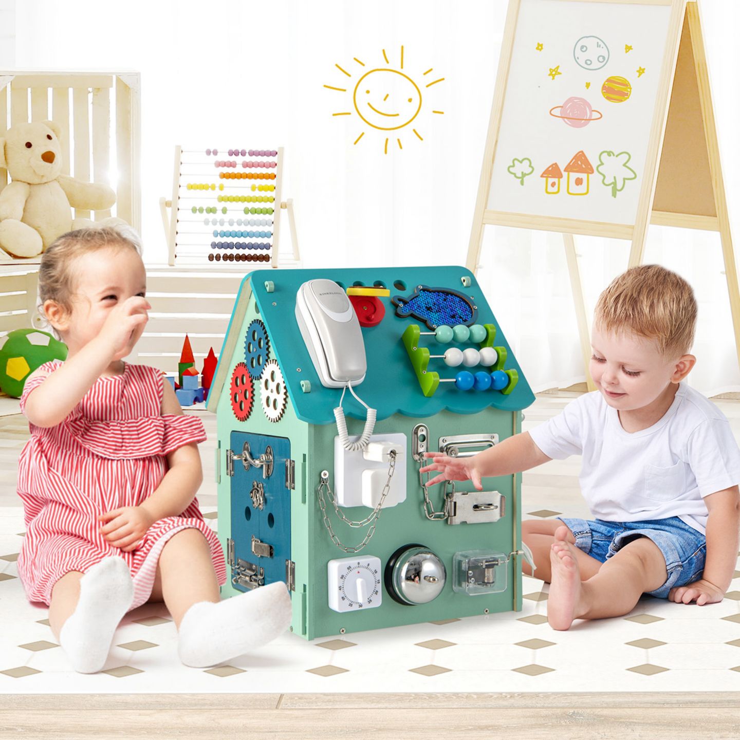 Детская игрушка Costway Wooden Busy House Montessori Toy Sensory Games Activity Table, Ages 1+, цвет: Зелёный — фото 2