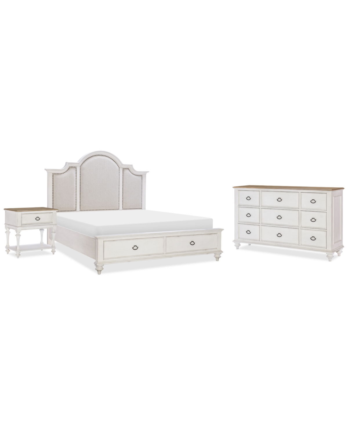 Mandeville 3pc Bedroom Set (Upholstered Storage Bed + Dresser + 1-Drawer Nightstand)